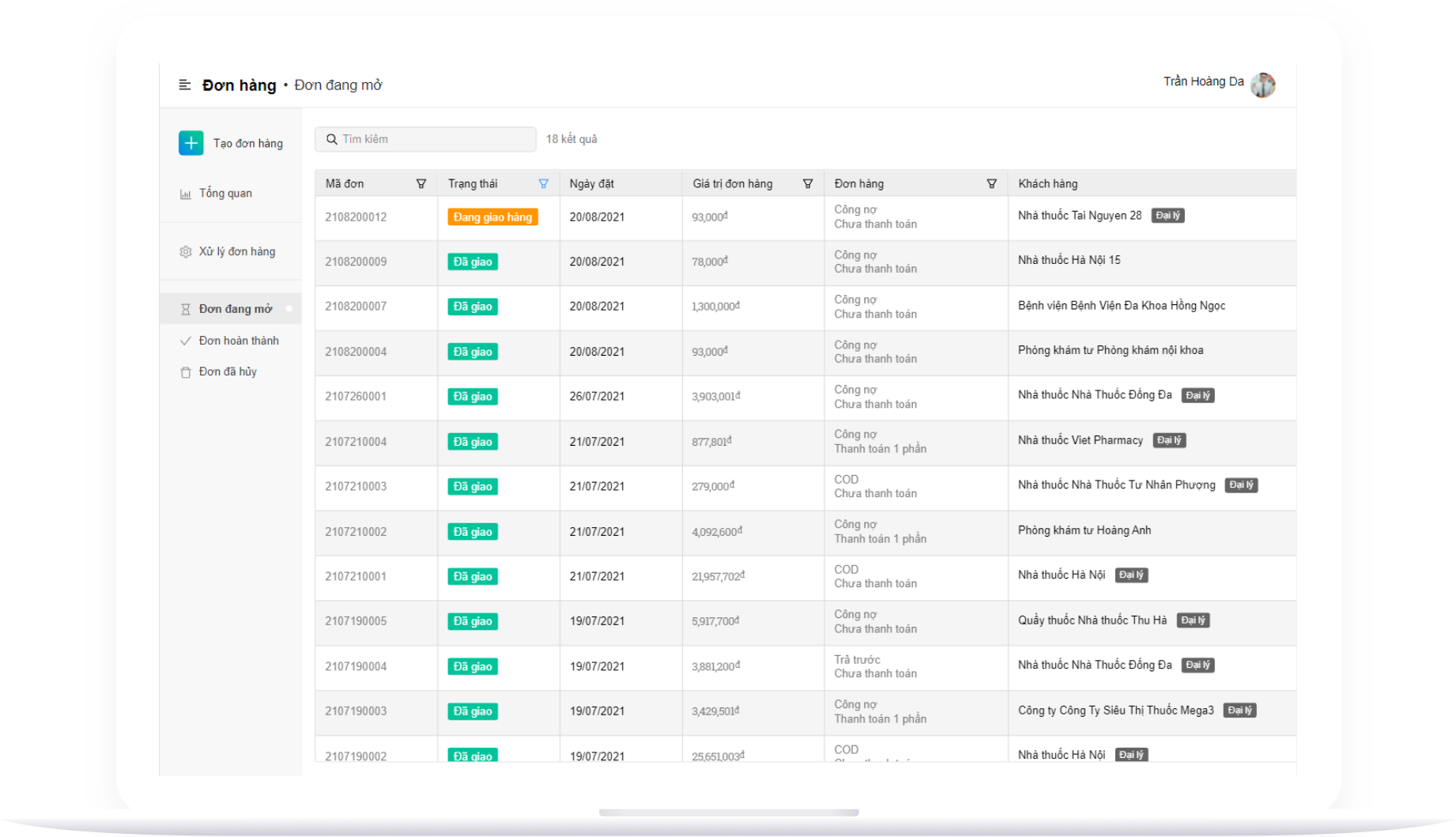 Quản lý đơn hàng đang xử lý theo khách hàng trong phần mềm quản lý phân phối